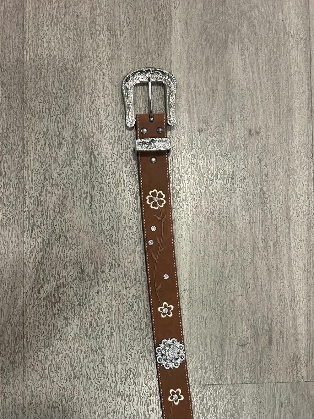 Ariat Brown Leather Floral Western Belt with Silver Decorative Buckle